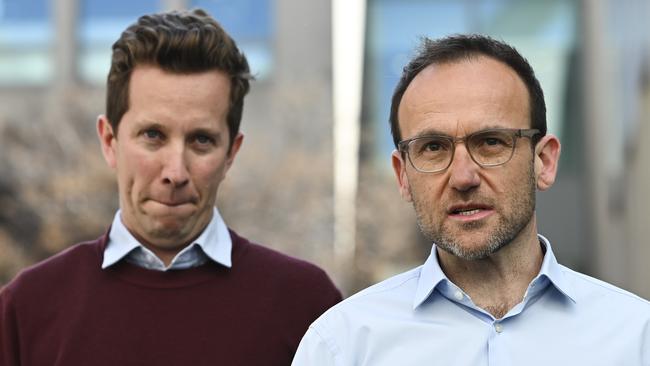 Leader of the Australian Greens Adam Bandt and Max Chandler-Mather hold a press conference at Parliament House in Canberra. Picture: NCA NewsWire / Martin Ollman