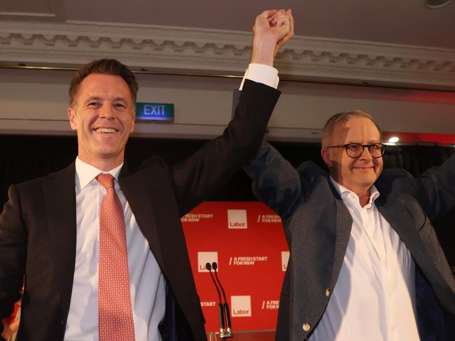 SYDNEY, AUSTRALIA - NewsWire Photos MARCH 25, 2023: NSW Labor leader, Chris Minns holds the election night party at the Novotel Hotel In Brighton-le-sands. Chris Minns takes to the stage with Prime Minister Anthony Albanese after winning the election. Picture: NCA NewsWire / David Swift