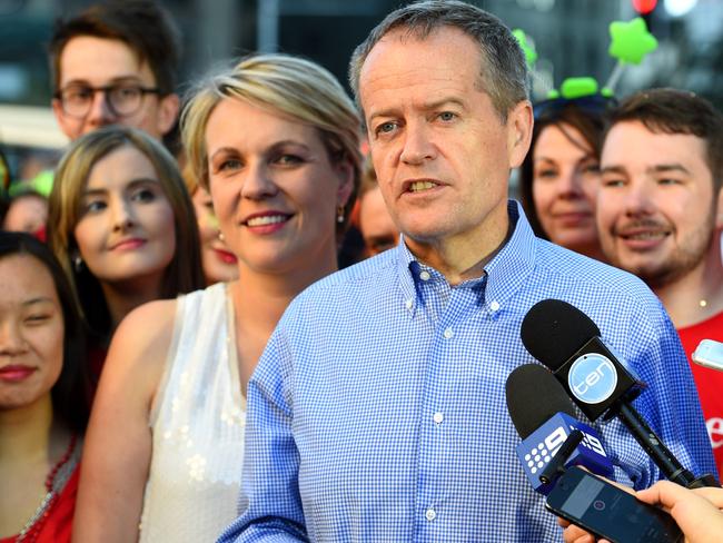 Leader of the Opposition Bill Shorten and Deputy leader Tanya Plibersek are seen speaking to media prior to taking part in the 38th annual Gay and Lesbian mardi gras parade. Picture: AAP