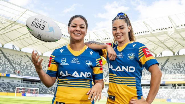 Thursday 3rd February 2022 CommBank Stadium, Parramatta NRLW Parramatta players Kennedy Cherington (holding ball ) 23yrs Back row Katrina May Phippen (ponytail tattoos) 23yrs Full back PictureÃ&#149;s Darren Leigh Roberts