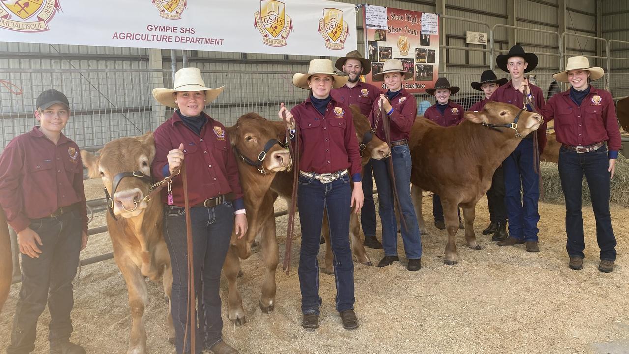 Gympie State High School Cattle show team and their four Limousin Cross cattle named Freddie, Tiny, Rango and Al, on the first day of the Gympie Show 2021.