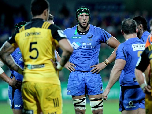 Adam Coleman (centre) of the Force looks on during the Round 15 Super Rugby match between the Western Force and the Hurricanes at NIB Stadium in Perth, Saturday, June 3, 2017. (AAP Image/Richard Wainwright) NO ARCHIVING, EDITORIAL USE ONLY