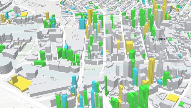 The images use colour coding of grey (existing), green (approved), yellow (under construction) and blue (under application). Picture: City of Melbourne