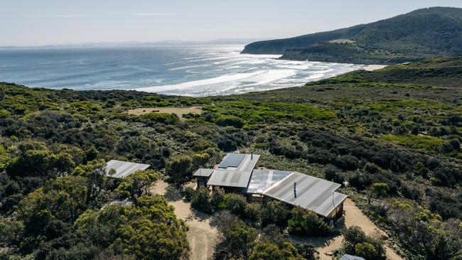 An aerial view of the impressive Roaring Beach House on the Tasman Peninsula. Picture: Adam Gibson.