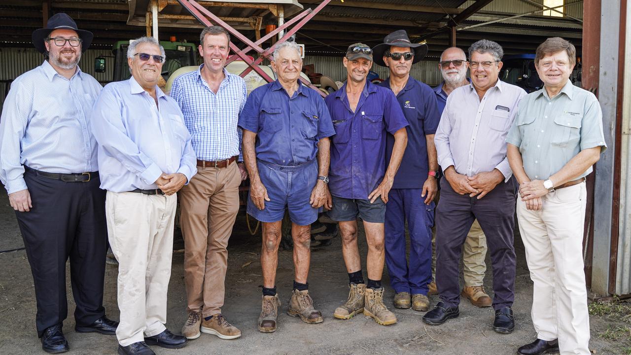 Dawson MP George Christensen, Canegrowers QLD chairman Paul Schembri, Minister for Trade, Tourism and Investment Dan Tehan, Erakala sugarcane farmers Victor and Andre Camilleri, Canegrowers Mackay Area Committee chairman Frank Perna, Canegrowers Plane Creek Area Committee board member Serg Berardi, Canegrowers Mackay chairman Kevin Borg and Canegrowers Mackay chief executive officer Kerry Latter at a shed talk in February about the WTO dispute. Picture: Heidi Petith