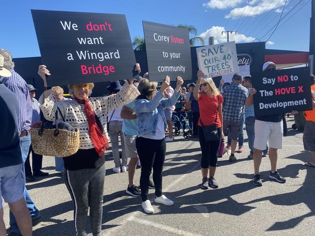 Residents protest new State Government development at Hove railway station which would see a large concrete bridge on Brighton Road. , Picture: Dixie Sulda