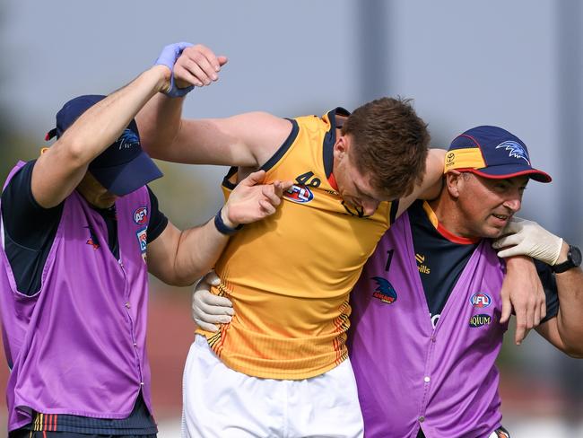 Adelaide’s Mark Keane is helped from the field after a head knock. Picture: Mark Brake/Getty Images