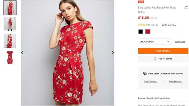 Another item priced differently by New Look was this red floral dress.