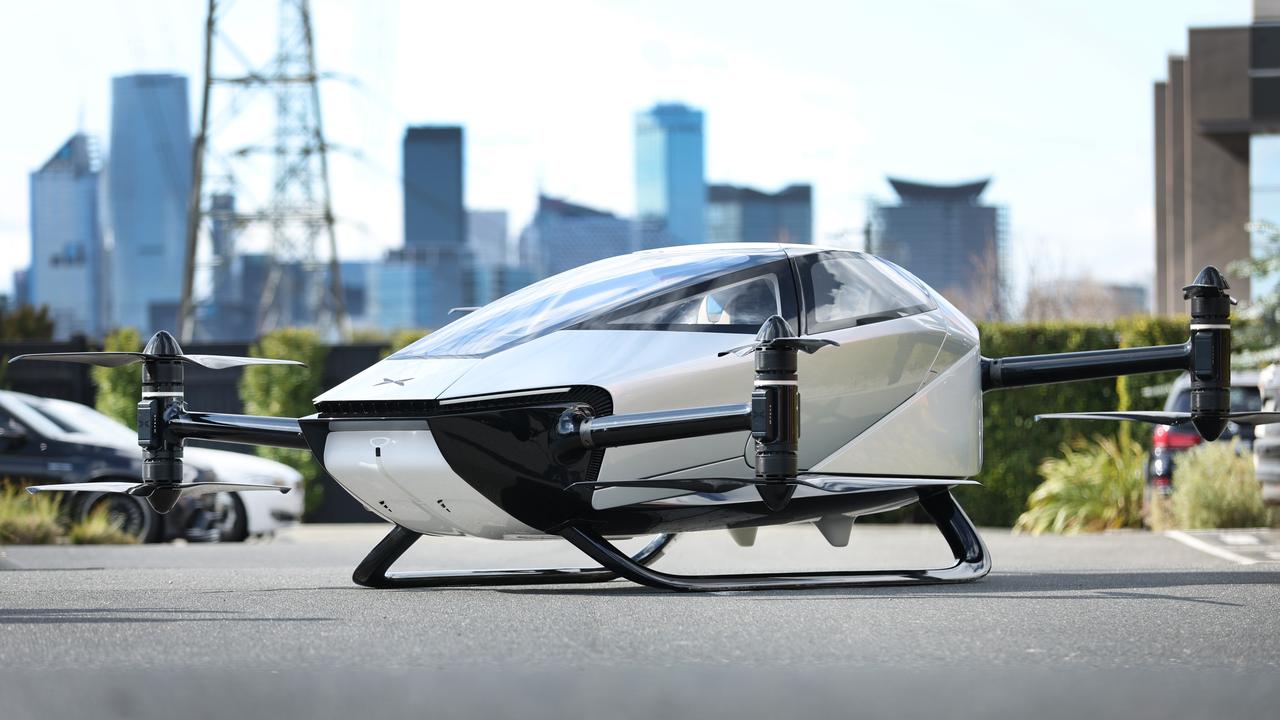 Electric flying car prototype, thought to be the first of its kind to hit Australia. The Xpeng X2 is a pilotless remotely flown two seated car. Picture: David Caird