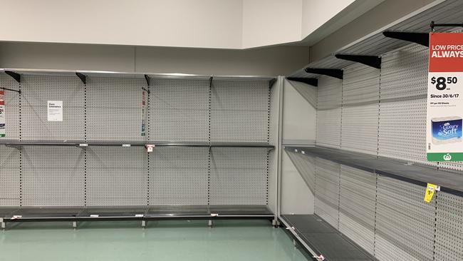 A toilet paper aisle is looking empty again at Woolworths at Northpark plaza this week. Picture: Supplied