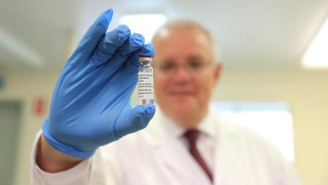 Prime Minister Scott Morrison visits the Therapeutic Goods Administration (TGA) to see their AstraZeneca batch release assessment process and thank them for their efforts over many months to assess and approve Australia’s COVID-19 vaccines. Picture: Adam Taylor