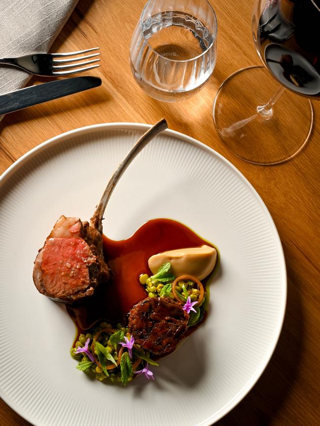 Lamb rack, braised shoulder and peas. Picture: Jack Fenby