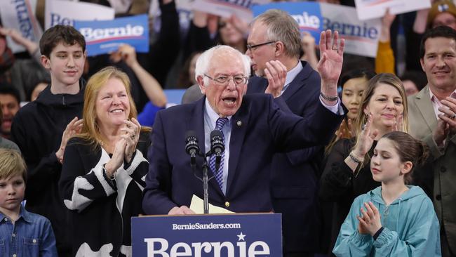 Democratic presidential candidate Sen. Bernie Sanders, I-Vt., speaks to supporters at a primary night election rally in Manchester, N.H., Tuesday, Feb. 11, 2020. (AP Photo/Pablo Martinez Monsivais)