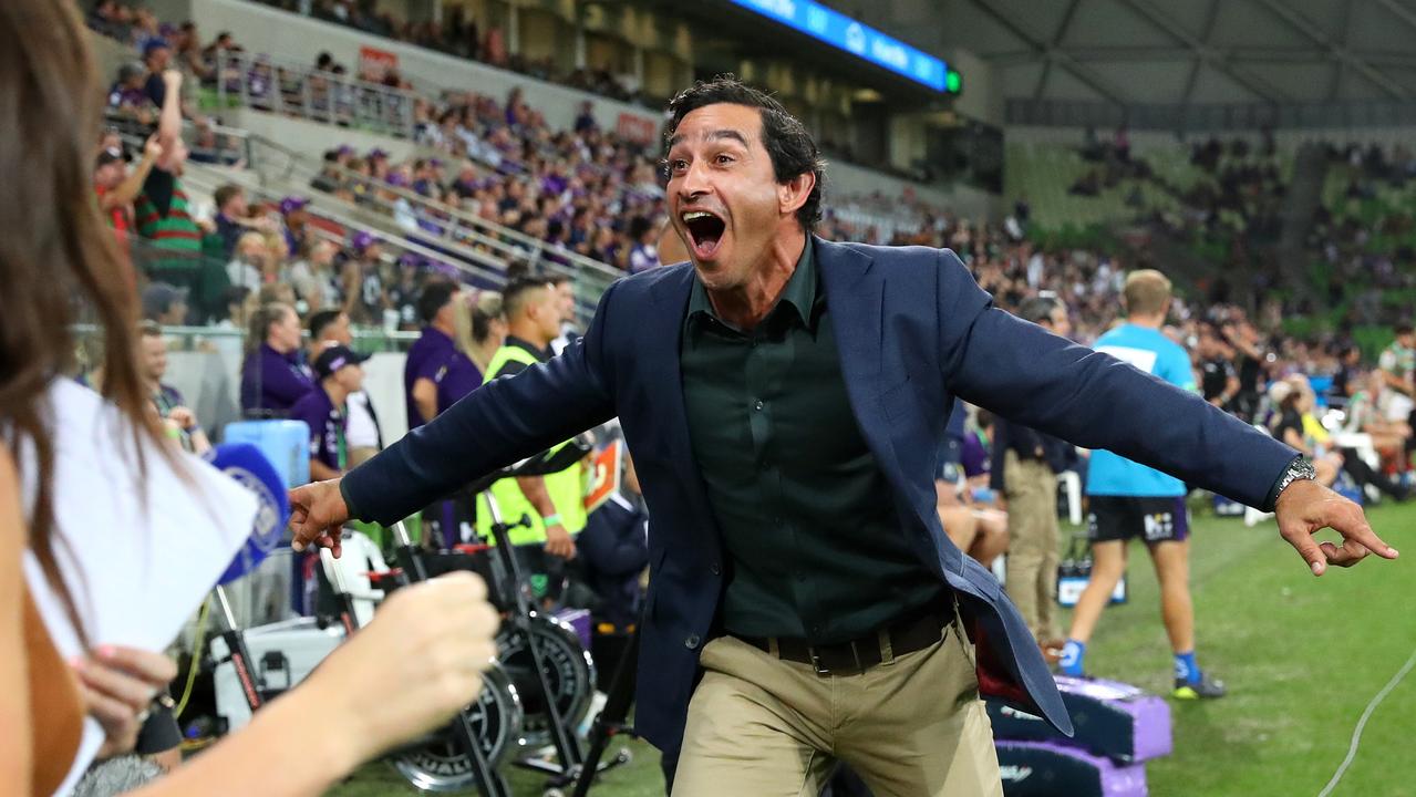 NRL great Johnathan Thurston reacts on the sidelines during the Storm thriller. Picture: Kelly Defina/Getty Images