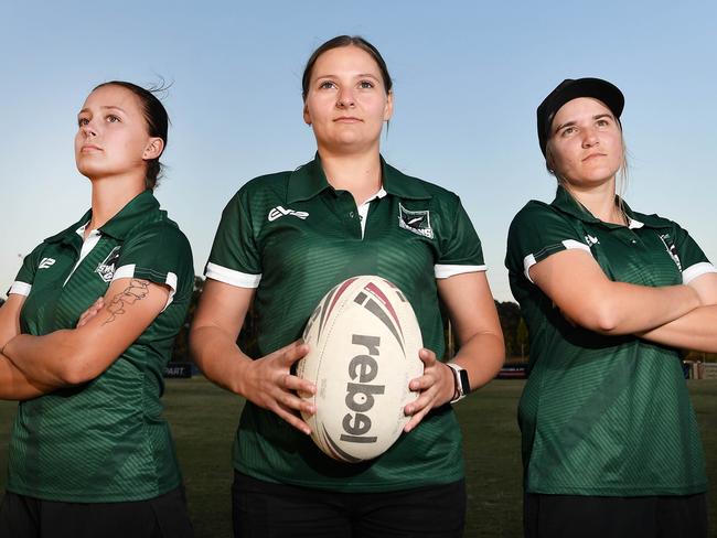 Maroochydore Swans WomenÃ¢â¬â¢s rugby league players Rani Johnson, Laura Barklimore and Jade Shuttlewood. Picture: Patrick Woods.