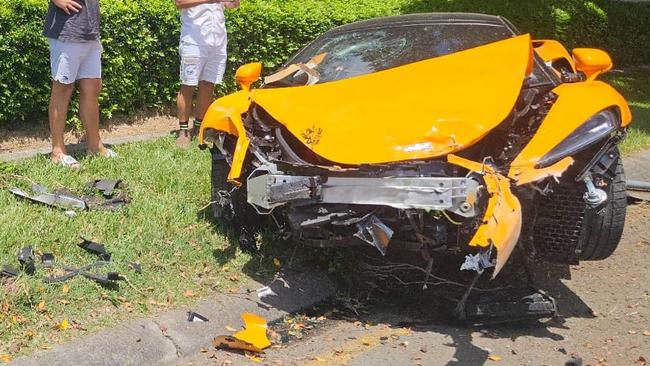 McLaren sports car badly damaged in crash with wall at Hope Island. Picture: Supplied.