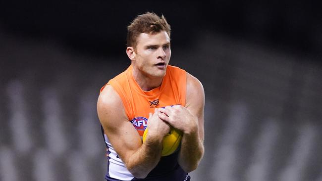 Heath Shaw marks the ball during the round three match between Western Bulldogs and GWS Giants at Marvel Stadium.