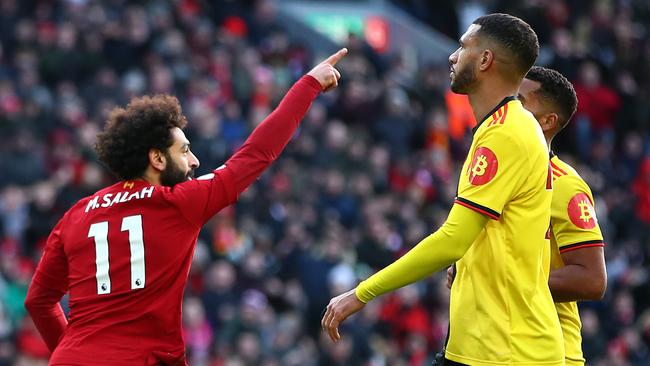 Salah celebrates his team’s first goal against Watford. Picture: Clive Brunskill/Getty Images