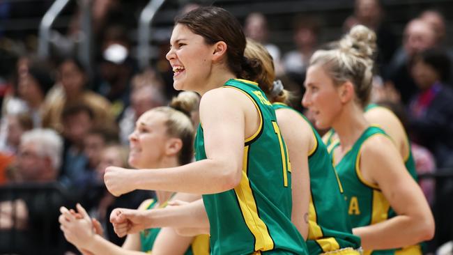 SYDNEY, AUSTRALIA - MAY 29: Jade Melbourne of the Opals supports her team mates from the bench during game two of the International Women's series between Australian Opals and Japan at Quay Centre on May 29, 2022 in Sydney, Australia. (Photo by Matt King/Getty Images)