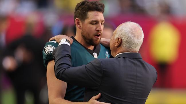 Philadelphia Eagles owner Jeffrey Lurie embraces Arryn Siposs before the Super Bowl. Picture: Gregory Shamus/Getty Images