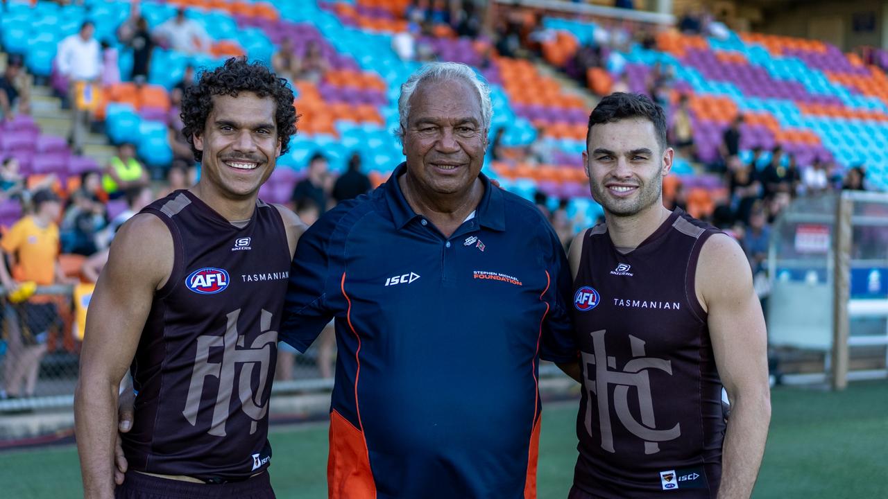 Matt Hill, indigenous legend Stephen Michael and Karl Amon Credit: Stephen Sciacovelli/ Hawthorn Football club