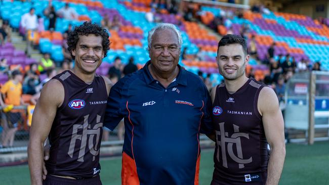 Matt Hill, indigenous legend Stephen Michael and Karl Amon Credit: Stephen Sciacovelli/ Hawthorn Football club