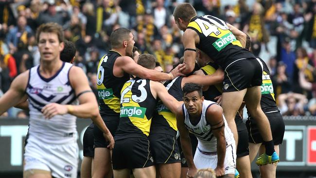 Richmond celebrate Brandon Ellis’ last-quarter goal against Fremantle. Picture: Wayne Ludbey