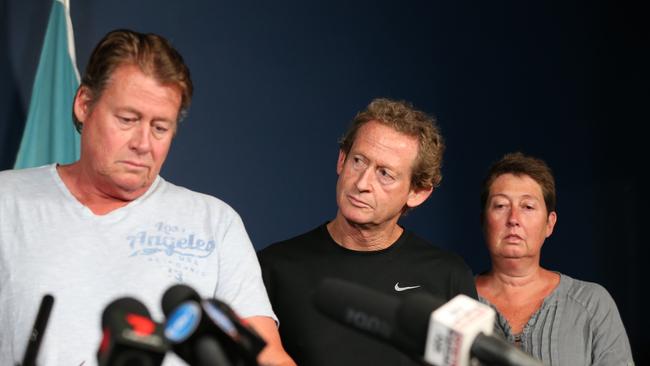 Steven Miller, father of 18-year-old Cole Miller, fronts the media following the announcement of his son’s death. With Mr Miller are Cole’s uncle and aunt Michael and Allison Miller.