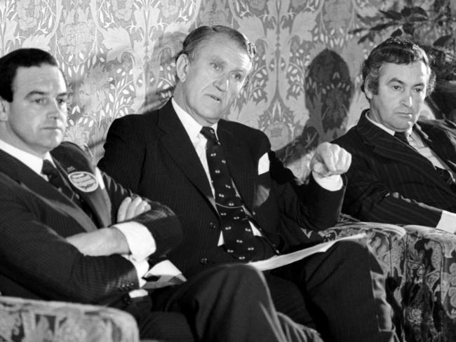 Denison MHR Michael Hodgman, from left, Prime Minister Malcolm Fraser and Franklin MHR Bruce Goodluck during the PM’s 1980 visit to Hobart.