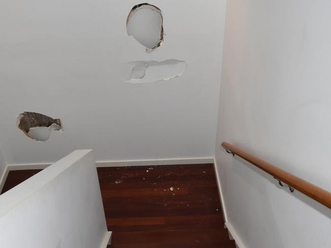 Holes were kicked in walls at the North Melbourne property on Saturday night.                        <a class="capi-image" capiId="4922f17856eff20c8185db5450f30d47"></a>