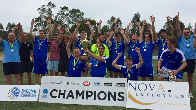 The NSW team celebrate after winning the 2016 National Paralympic 7-a-side football championships at Valentine Sport Park. Picture: Football NSW