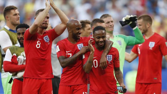 England team players celebrate their victory over Sweden at the Samara Arena. Photo: AP