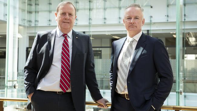 Nine chairman Peter Costello and outgoing chief executive Hugh Marks. Picture: John Feder