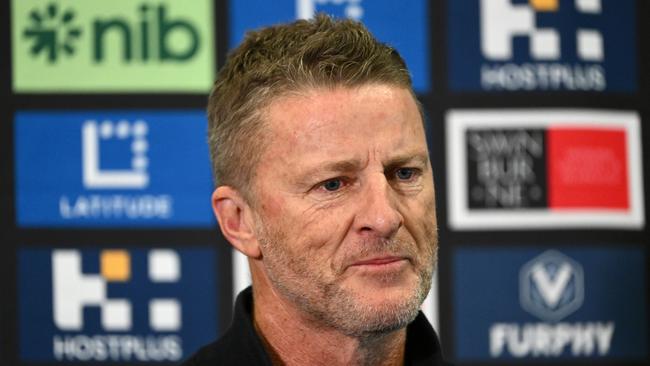 Damien Hardwick announces his retirement during a Richmond press conference at Punt Road Oval on May 23, 2023 in Melbourne, Australia. (Photo by Quinn Rooney/Getty Images)