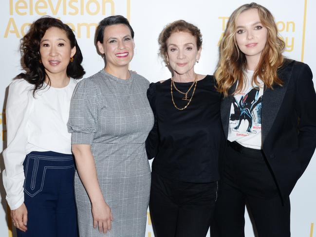  Sandra Oh, journalist Stacey Wilson Hunt, Executive Producer Sally Woodward Gentle and Jodie Comer attend Killing Eve Premiere. Picture: Getty