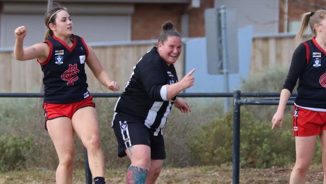 Kim Bessell celebrates kicking a goal. Picture: Darley Football Netball Club.