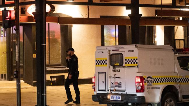 Police along North Terrace at night. Picture: The Advertiser