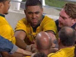 Lukhan Tui confronts the angry fan after the Wallabies loss.