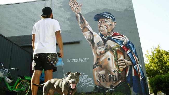 Street Artist Scott Marsh looks up at his latest mural depicting Senator Fraser Anning. Picture: John Appleyard