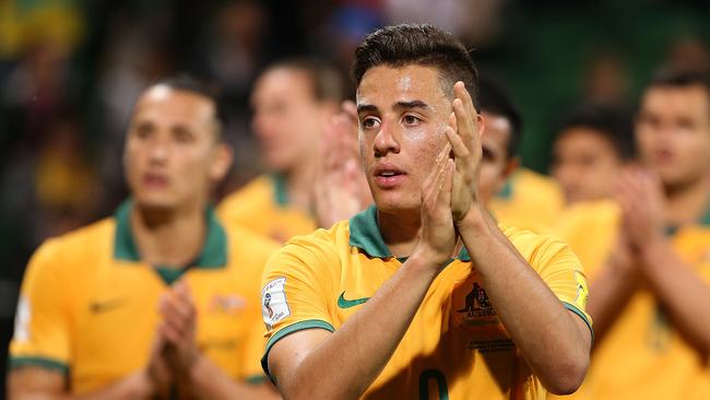PERTH, AUSTRALIA — SEPTEMBER 03: Chris Ikonomidis of Australia acknowledges the supporters after winning the 2018 FIFA World Cup Qualification match between the Australian Socceroos and Bangladesh at nib Stadium on September 3, 2015 in Perth, Australia. (Photo by Paul Kane/Getty Images)