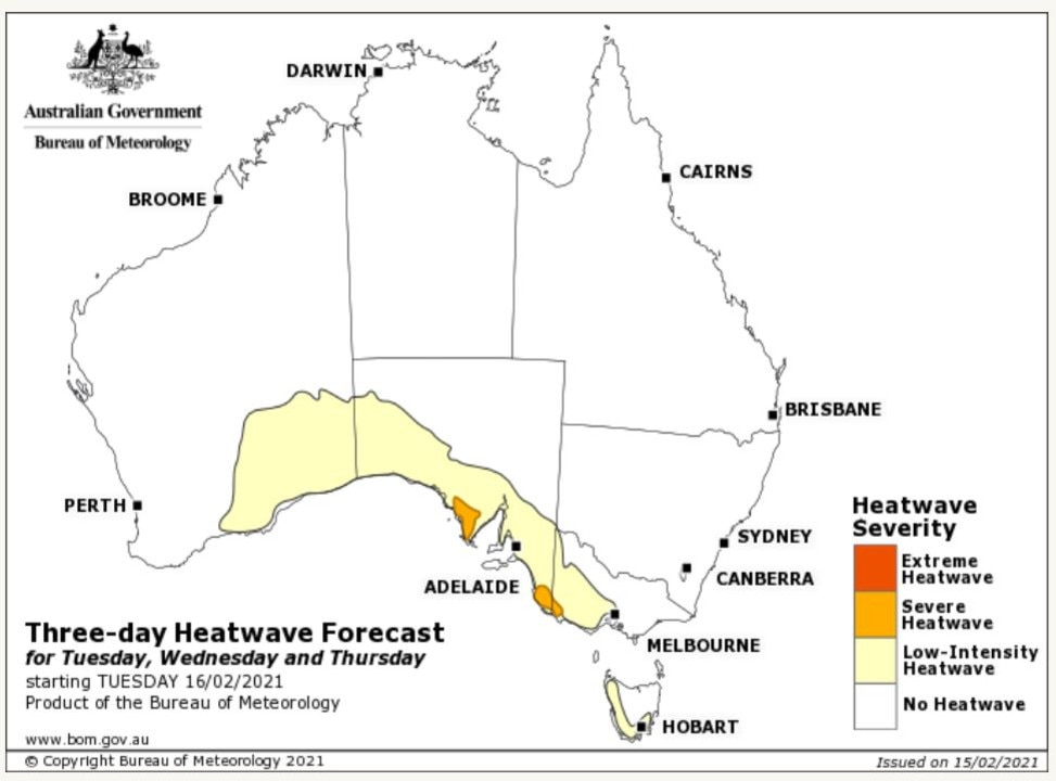 The heatwave situation from Tuesday to Thursday. Picture: BoM