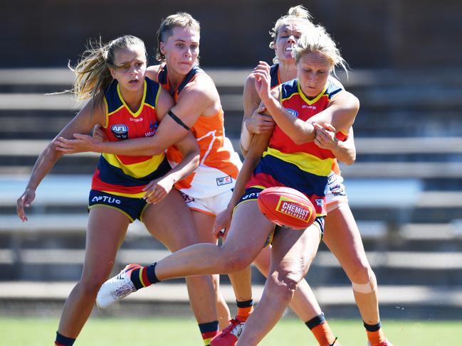 Marijana Rajcic of the Crows kicks the ball during the Round 6 AFLW match between the Adelaide Crows and GWS Giants at Richmond Oval in Adelaide, Sunday, March 15, 2020. (AAP Image/David Mariuz) NO ARCHIVING, EDITORIAL USE ONLY