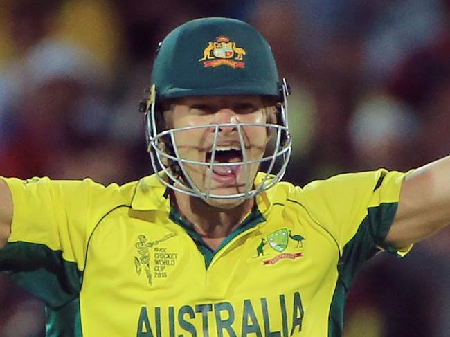 Australia's Shane Watson celebrates as Australia defeated Pakistan by six wickets in their Cricket World Cup quarterfinal match in Adelaide, Australia, Friday, March 20, 2015. (AP Photo/James Elsby)