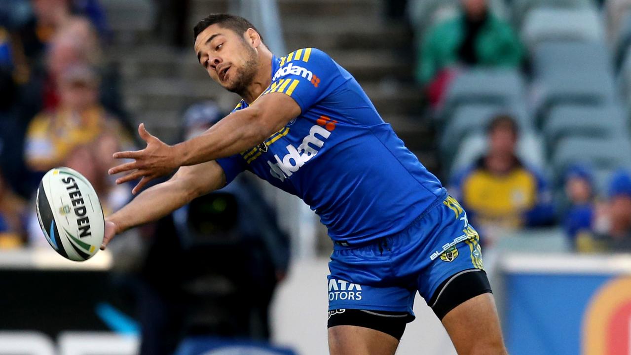 Raiders v Eels at GIO Stadium in Canberra. Eels Jarryd Hayne knocks on