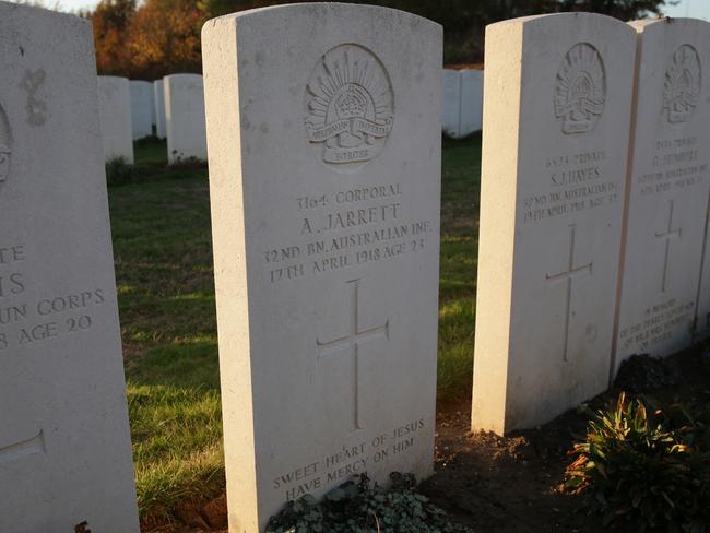 Allan Jarrett’s grave at the Crucifix Corner Cemetery in Villers-Bretonneux. Picture: Ella Pellegrini