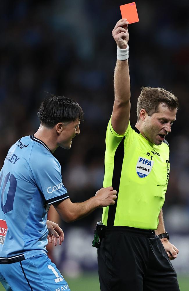 Sydney FC’s Joe Lolley appeals to Alex King, who gave Max Burgess of Sydney FC (not pictured) a red card. Picture:Getty Images