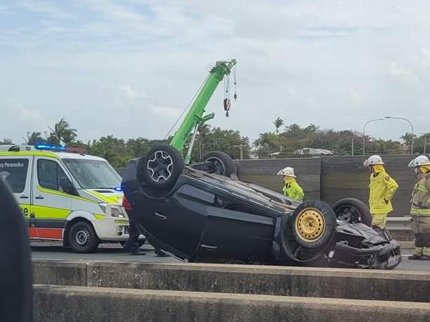 The scene of the three-vehicle crash about 1.20pm. Picture: Brooke Angela