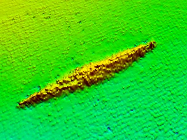 Survey data showing HMAS AE1 on the sea bed. Multi-beam echo sounder and side-scan technology was used in an underwater drone flying 40 metres above the sea bed on pre-programmed 20 hour missions to find the wreck.