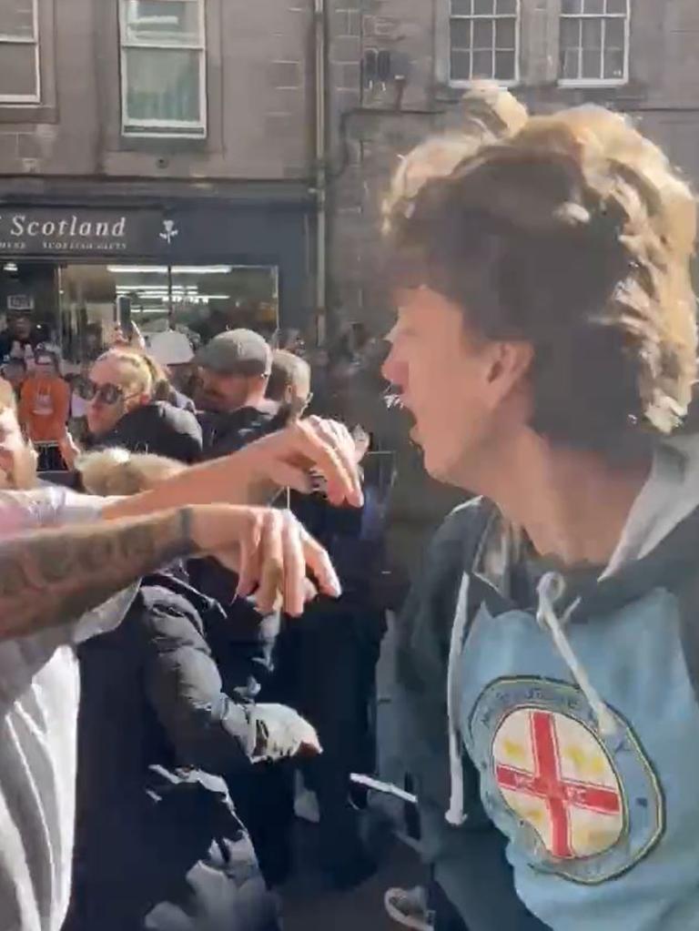 The heckler, who had a Melbourne City hoodie on, was then shoved by another man. Picture: Christopher Marshall/Holyrood Daily/Twitter