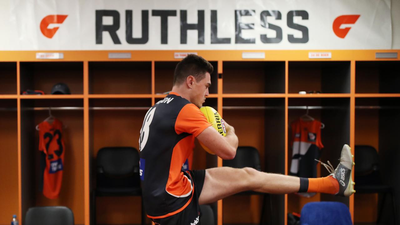 EMBARGOED - GWS Feature - Check with DT Sport before use -GWS Giants game day feature during their match against Brisbane Lions at Spotless Stadium. Jeremy Cameron stretching pre game. Picture. Phil Hillyard